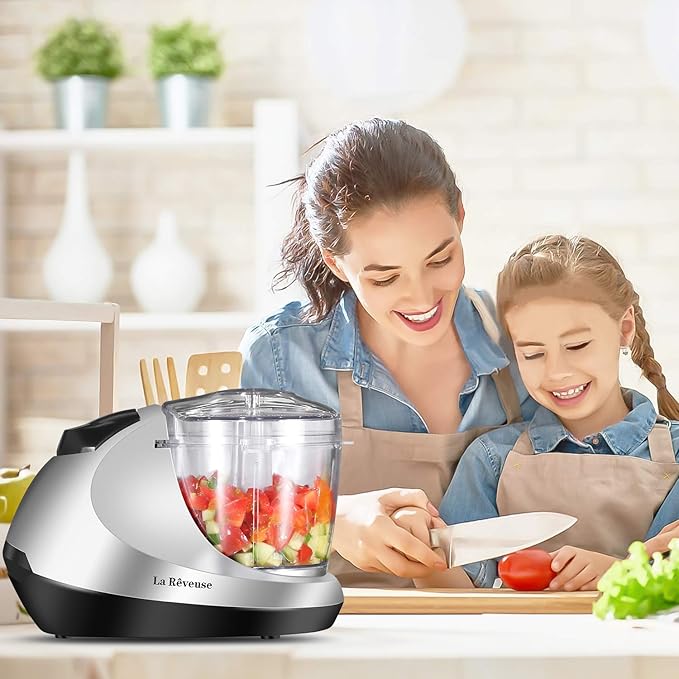 La Reveuse Electric Mini Food Chopper Vegetable Fruit Cutter Meat Grinder Mincer Small Food Processor with 1.3-Cup Prep Bowl, Silver