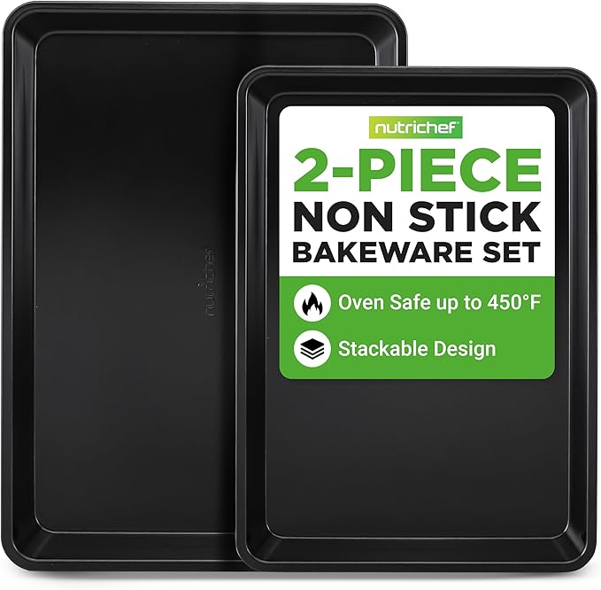 NutriChef 2-Piece Non-Stick Black Cookie Sheets - Versatile & Durable Non-Toxic Carbon Steel Bakeware Sets, Stackable Baking Tray for Cookies, Brownies, Jelly rolls - Oven Safe & Easy Clean