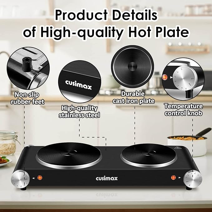 Cusimax Hot Plate for Cooking 1800W Portable Electric Double Burner Countertop Cooktop Cast Iron Stove Heating Plate with 7 Power Levels Adjustable Temp Control, Compatible for All Cookwares