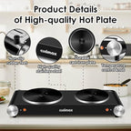 Cusimax Hot Plate for Cooking 1800W Portable Electric Double Burner Countertop Cooktop Cast Iron Stove Heating Plate with 7 Power Levels Adjustable Temp Control, Compatible for All Cookwares