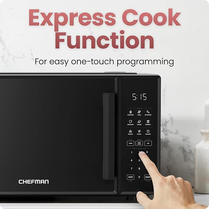 Chefman Countertop Microwave Oven 0.9 Cu. Ft., 900 Watts with 10 Power Levels, 6 Cooking Presets with One-Touch Express Cook, Eco Mode, Child Safety Lock, & Mute Button - Black
