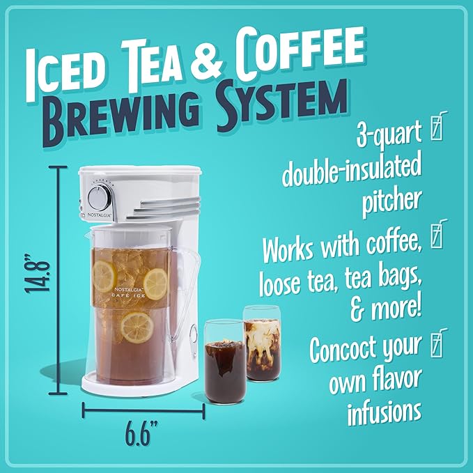 Nostalgia 3-Quart Iced Tea & Coffee Brewing System With Double-Insulated Pitcher, Strength Selector & Infuser Chamber, Also Perfect For Lattes, Lemonade, Flavored Water, White