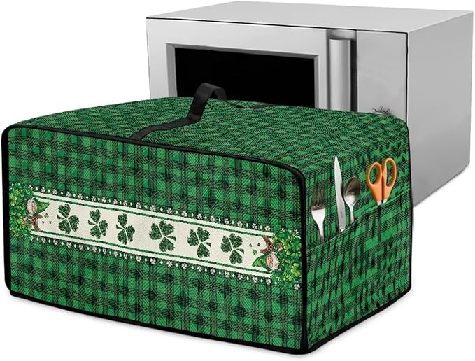 Shamrock Gnome Dog Print Toaster Oven Cover for St. Patrick's Day Decor, Checkered Pattern Microwave Cover for Kitchen Countertop Appliance Dust Protector Oven Accessories, Green, L