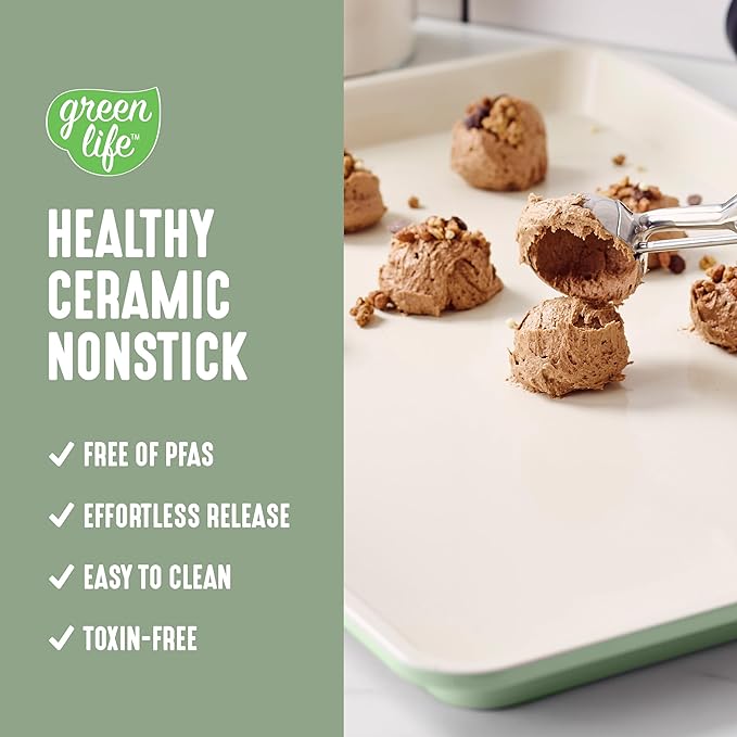 GreenLife Bakeware 18” x 13” Half Cookie Sheet Baking Pan, Non-Toxic PFAS-Free Healthy Ceramic Nonstick, Oven Safe to 450°F, Easy Release, Even Heating, Easy Clean, Sage