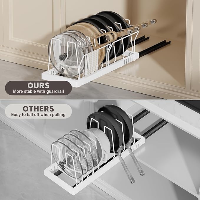 2 Pack Pots and Pans Organizer Under Cabinet, 22" Deep Expandable Pull Out Pot Lid Organizer and Storage with 10 Adjustable Dividers No Drill Pot and Pan Holder Rack with Handle Bracket(White)