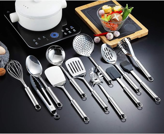 Berglander Cooking Utensil Set 13 Piece Stainless Steel Kitchen Tool Set with Holder, Include Cooking Spoon, Spatula, Whisk, Cooking Tong and etc. (13 Pieces)