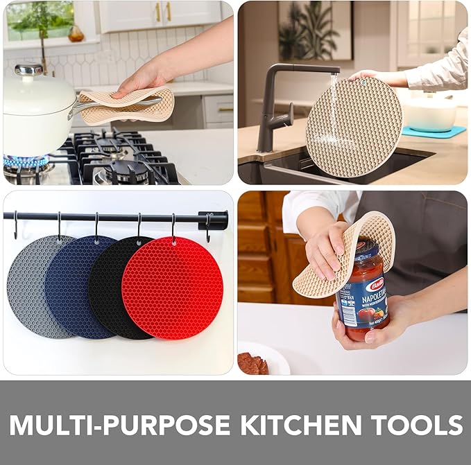 Joyhalo Trivets for Hot Dishes - Hot Pads for Kitchen, Silicone Pot Holders for Hot Pots and Pans, Silicone Mats for Kitchen Countertops, Table, Flexible Easy to Wash and Dry, Khaki