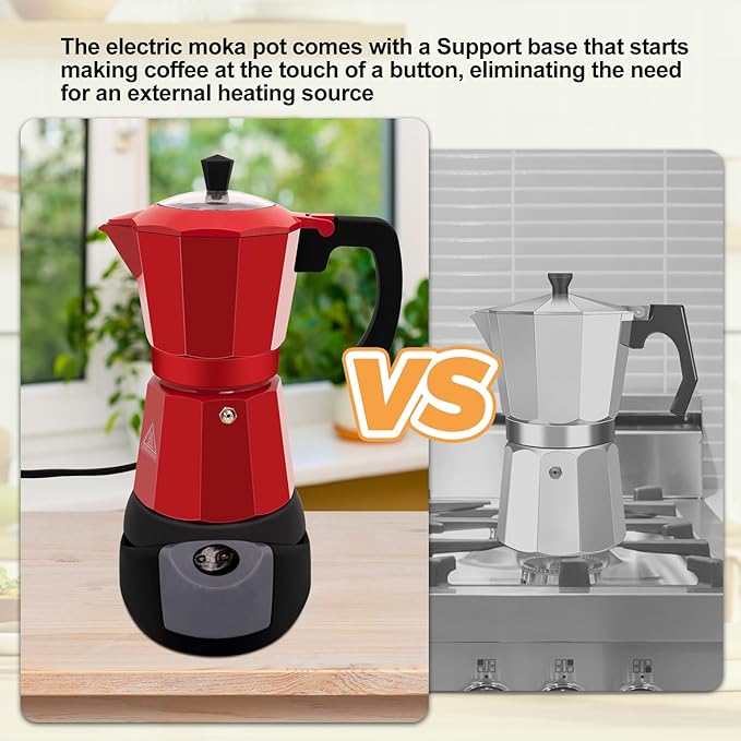 Electric Aluminum Moka Pot 5-6 Cup 270ml Espresso Maker with Detachable Base Ideal Coffee Makers for Home MochaPot Italian and Cuban Café Coffeemaker Espressomaker CoffeePot Red