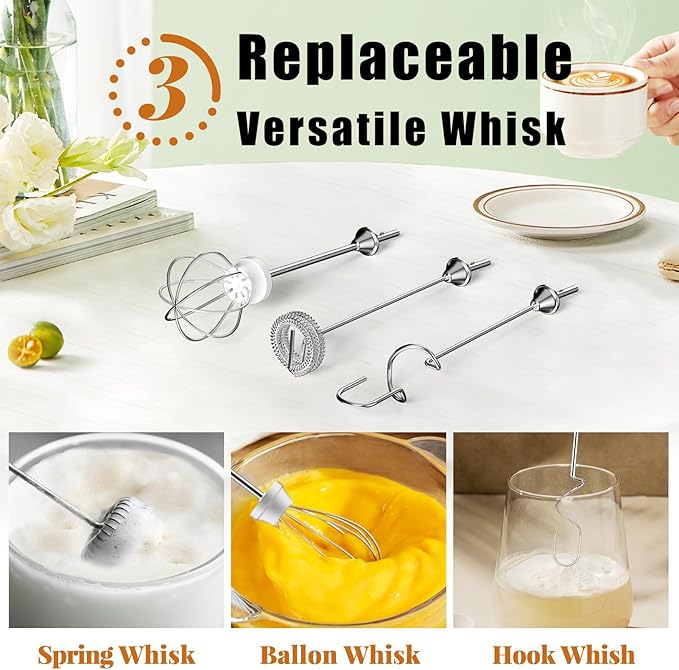 Nahida White Milk Frother Wand for Coffee, Frother Handheld Rechargeable Electric Whisk with 3 Heads 3 Speeds Drink Mixer Coffee Frother Foam Maker For Latte, Cappuccino, Hot Chocolate, Egg