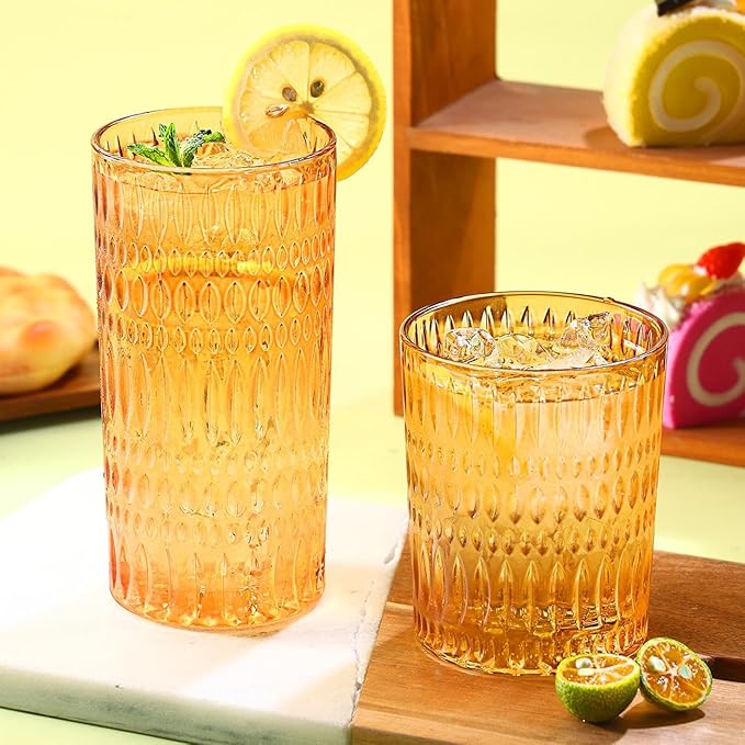 Loivttvv Glassware Drinking Glasses Set of 8, 14 oz Highball Glasses & 10 oz Ribbed Glass Cups, Vintage Glassware for Water, Juice, Cocktail (Thanksgiving Amber)