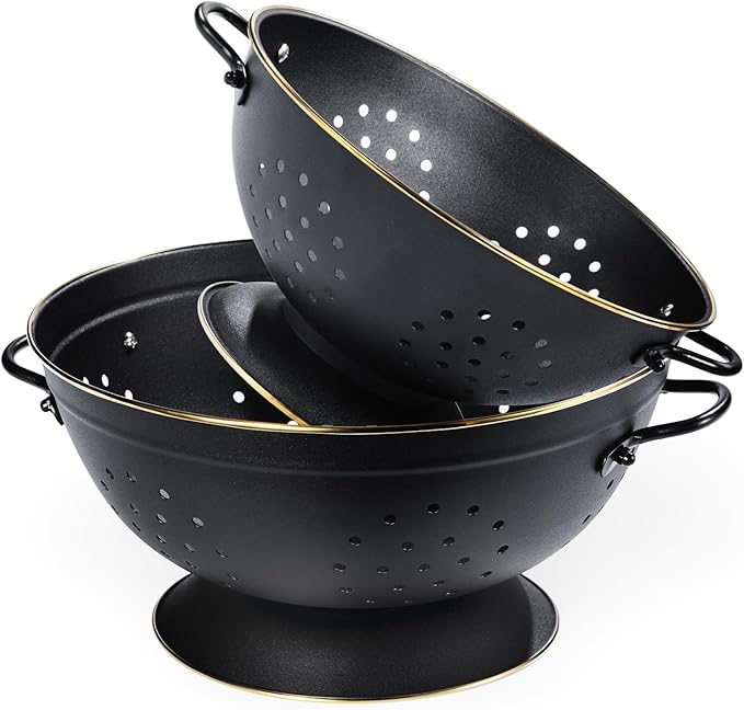 Metal Colander Set of 2, Strainer Basket with Handles perfect for Spaghetti, Pasta, Berry, Vegetable, Fruit, Solid Base Powder Coated Self-draining Kitchen Colander Bowel, 3.5 & 5 Qt, Matte Black