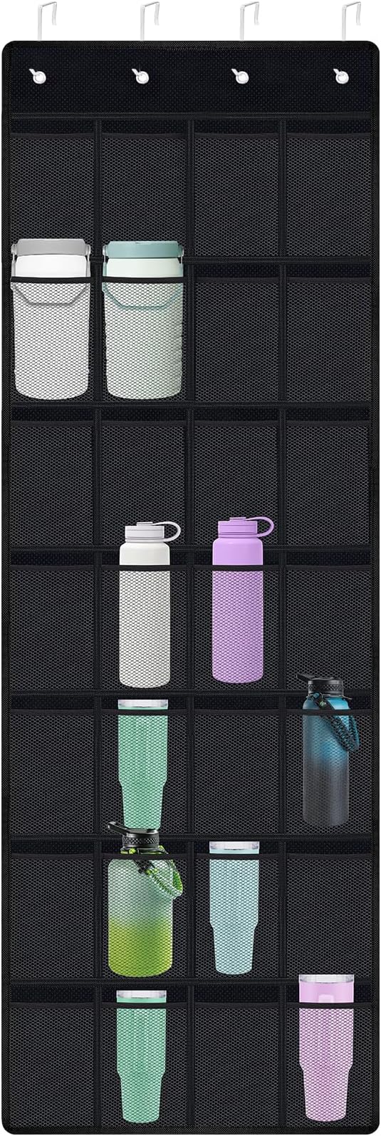 NiHome 28-Pocket Over-the-Door Organizer for Stanley Cups, Large Tumblers, Water Bottles, Travel Mugs, Lids, Space-Saving Elastic Mesh Bottle Holder for Kitchen, Pantry, RV, Cabinet Doors (Black)