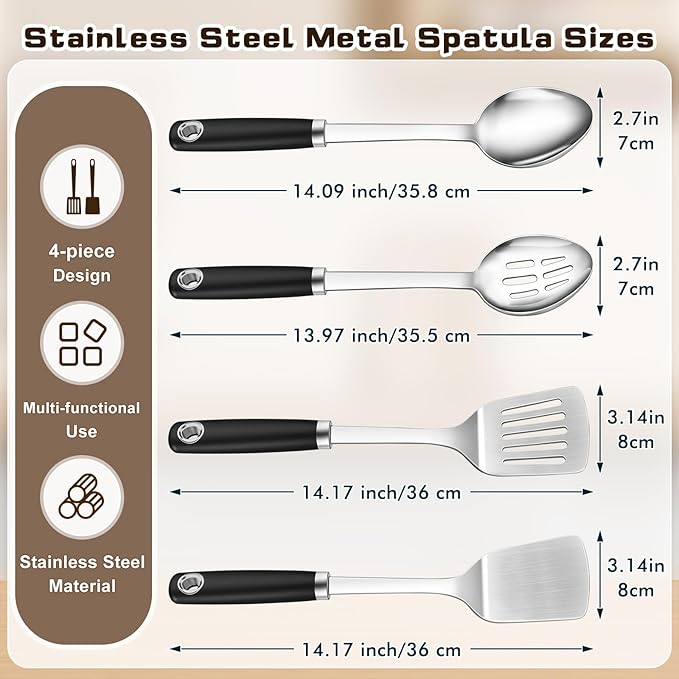 4 Pcs Cooking Utensils Set, Stainless Steel Kitchen Utensils, Heat Resistant Metal Kitchen Tools Include Solid & Slotted Turner Wok Spatula, Serving Spoon, Ergonomic Handle, Easy to Clean, Silver