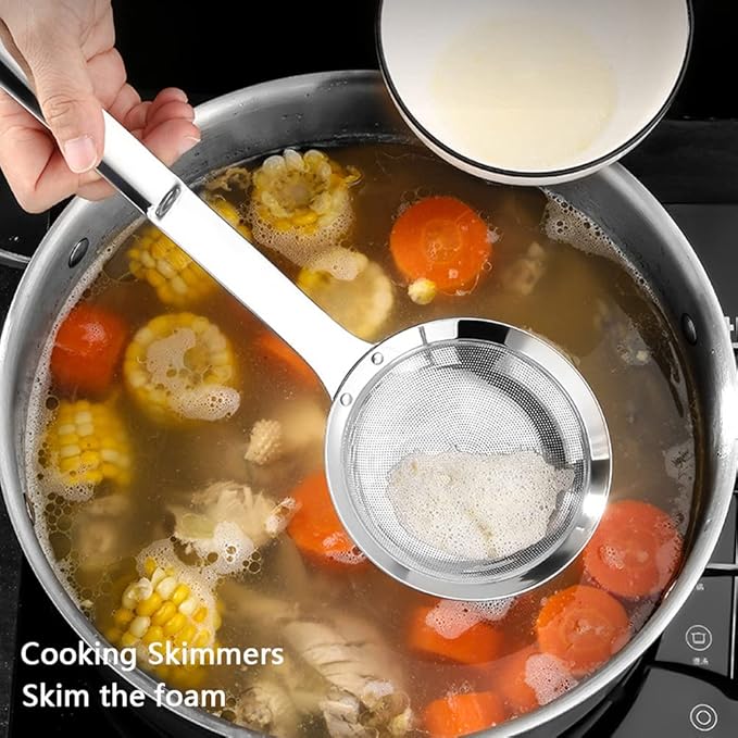 Sieve Fine Mesh Strainer Set Stainless Steel Metal Flat Cooking Skimmer Ladle Colander With Handle Food Strainer Kitchen Tools For Kitchen Baking Oil Filter Flour Sifter Foam,L M Small 3Pack