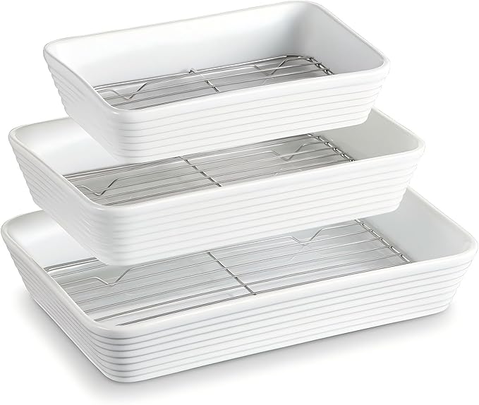 ONEMORE Baking Dishes for Oven, 9x13 Large Casserole Dishes for Oven with Roasting Racks, Rectangular Ceramic Baking Dish Set of 3 for Cooking & Serving, Deep Dish Lasagna Pan (3QT/2.1QT/1.3QT)