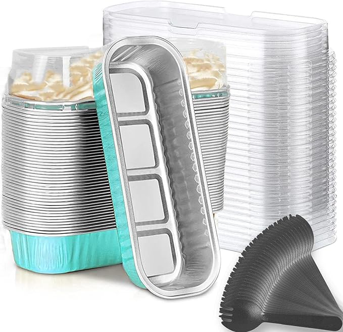 Findful Mini Loaf Baking Pans with Lids and Spoons (50 Pack, 6.8oz) Rectangle Aluminum Foil Baking Pans Tins Containers - Cupcake Containers Wrappers Cheesecake Creme Brulee Ramekins
