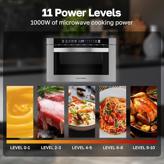 24 Inch Built-in Microwave Drawer, ThermoMate 1.2 Cu. Ft. Microwave Drawer with Automatic Presets, 1000 Watts with 11 Power Levels, Touch Controls, Sensor Cooking, Defrosting Rack, Stainless Steel