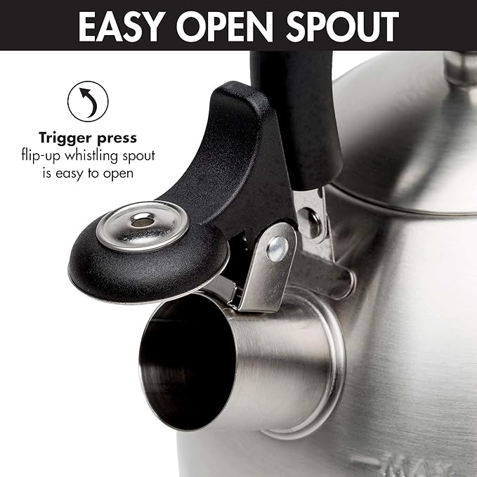 Primula Stewart Whistling Stovetop Tea Kettle Food Grade Stainless Steel, Hot Water Fast to Boil, Cool Touch Folding, 1.5-Quart, Brushed with Black Handle (Pack of 4)