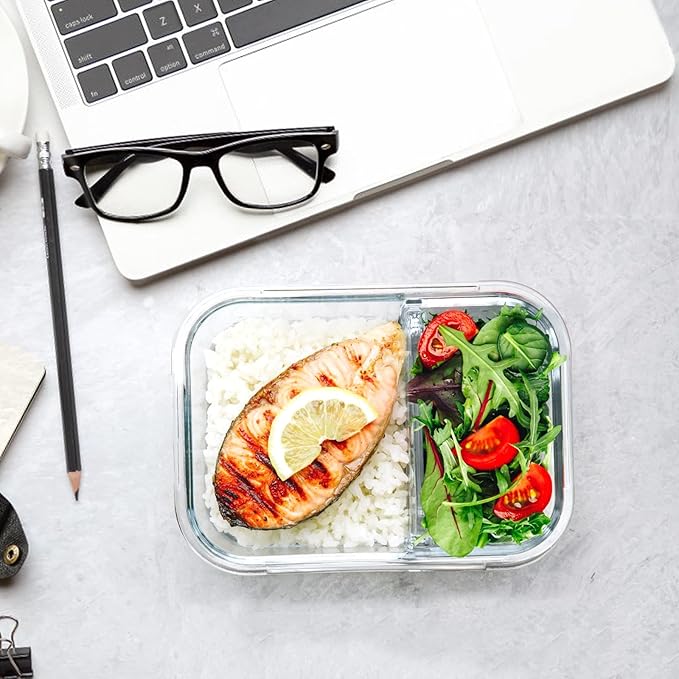 M MCIRCO [5-Pack,36 Oz] Glass Meal Prep Containers 2 Compartments Portion Control with Upgraded Snap Locking Lids Glass Food Storage Containers, Microwave, Oven, Freezer and Dishwasher (4.5 Cups)