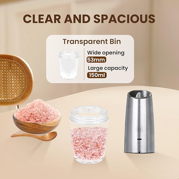 Rechargeable Electric Salt And Pepper Grinder Set, Automatic Gravity Electric Salt And Pepper Grinder Set, Adjustable Roughness, Led Light, 2 Pack, (Silver)
