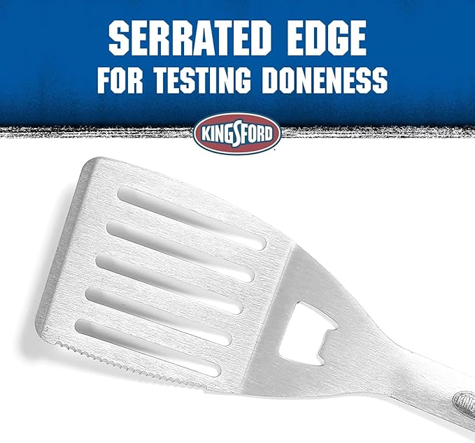 Kingsford Stainless Steel BBQ Grill Spatula, Wide Metal Blade for Confident Flips, Beveled Edge for Easy Slide Under Burgers and Fish, Comfortable Red and Black Grip, Hanging Loop - 2 Count