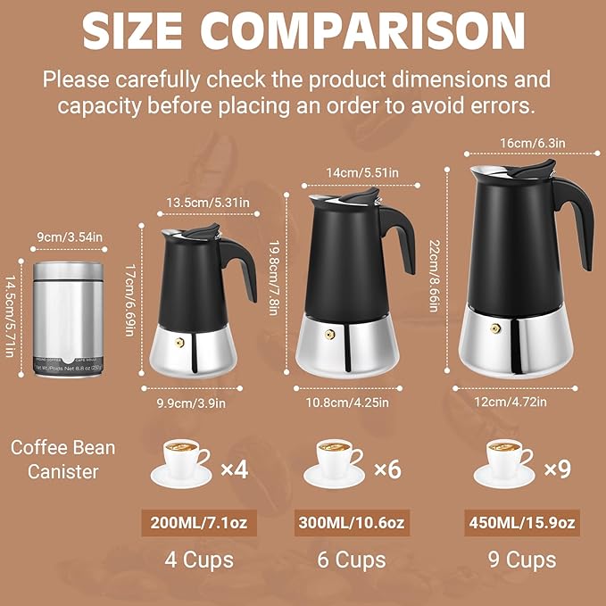Moka Pot, 6 Cups (10.6 oz) Stovetop Espresso Maker, 304 Stainless Steel Moka Pot, Induction Compatible, Black