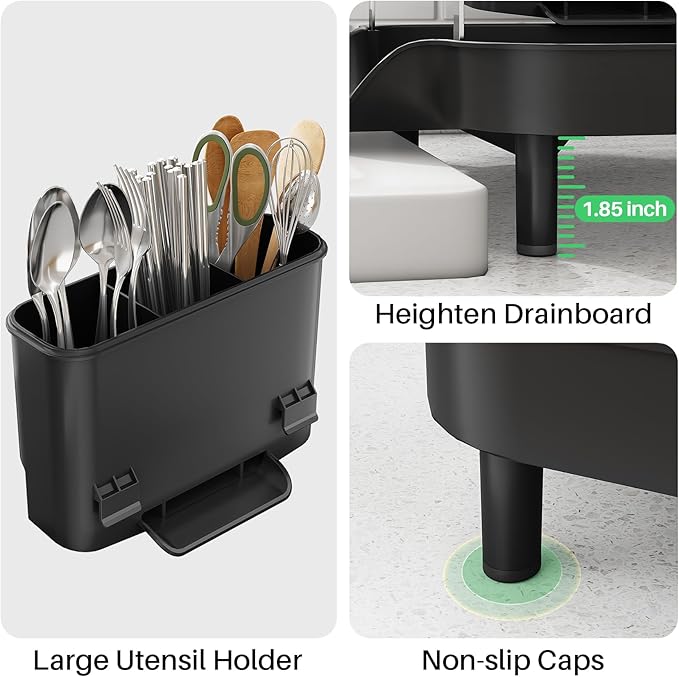SAYZH Dish Drying Rack - Expandable Dish Rack for Kitchen Counter, Rust-Resistant Dish Drainer with Utensil Holder and Raised Guardrail, Kitchen Organizer for Cup and Bottle (Black)