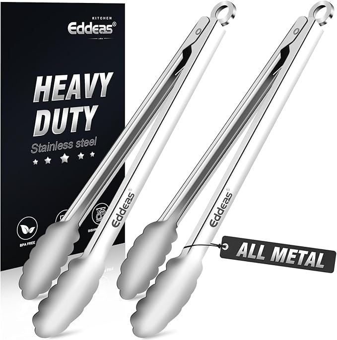 Eddeas 2PCS 12inch Kitchen Tongs - Heat Resistant 600 Degree Tongs for Cooking, Heavy Duty All Metal Food Tongs, Stainless Steel and Non-Slip handle, Salad, Grilling, Barbecue, Dishwasher safe