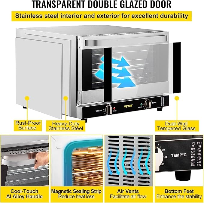 VEVOR Commercial Convection Oven, 66L/60Qt, Half-Size Conventional Oven Countertop, 1800W 4-Tier Toaster w/Front Glass Door, w/Trays Wire Racks Clip Gloves, 120V