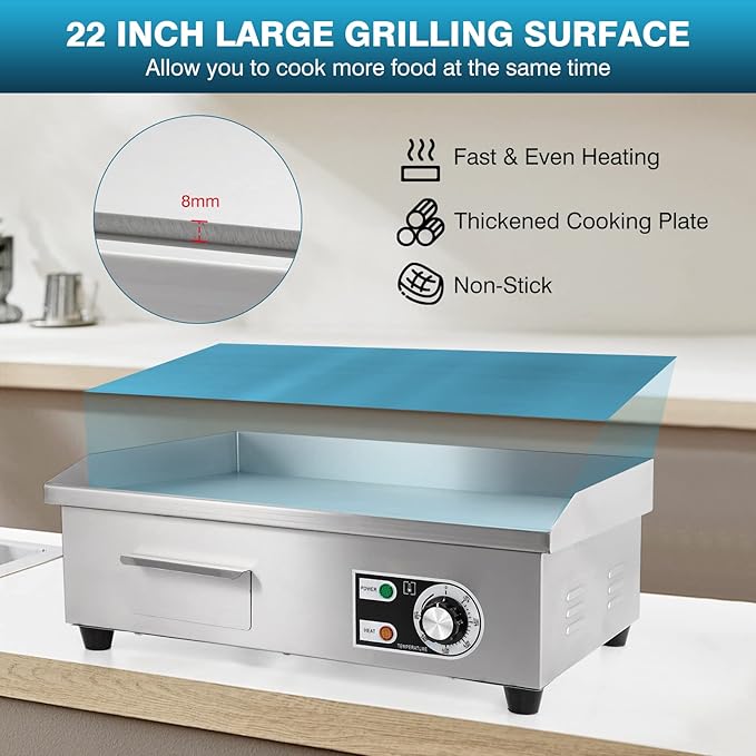 IRONWALLS Commercial Electric Griddle 22”, 3000W Electric Flat Top Griddle Grill Indoor with 122~572℉ Adjustable Temperature Control, Non-stick Stainless Steel Teppanyaki Grill for Restaurant, Hotel