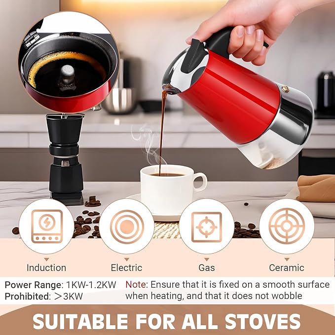 Moka Pot, 6 Cups (10.6 oz) Stovetop Espresso Maker, 304 Stainless Steel Moka Pot, Induction Compatible, Red