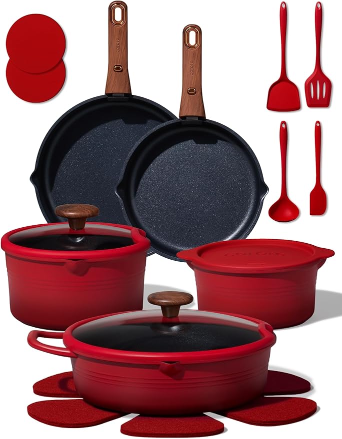 CAROTE 20Pcs Titanium Cookware Set, Pots and Pans Set Non Stick, Kitchen Cooking Set with Detachable Handle, Non Toxic Induction Cookware - Camping Cookware, Dishwasher/Oven Safe, Red