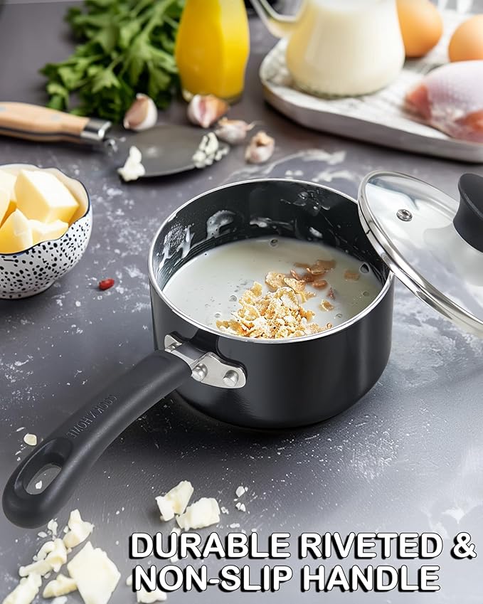 Cook N Home Nonstick Sauce Pan with Glass Lid, 1-Quart Saucepan Non Stick Small Cooking Milk Aluminum Pot, Black