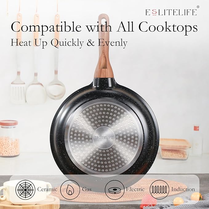 ESLITE LIFE Nonstick Cookware Sets, 12 Pcs Granite Coating Pots and Pans Set Kitchen Cooking Set, Compatible with All Stovetops (Gas, Electric & Induction), PFOA Free, Black