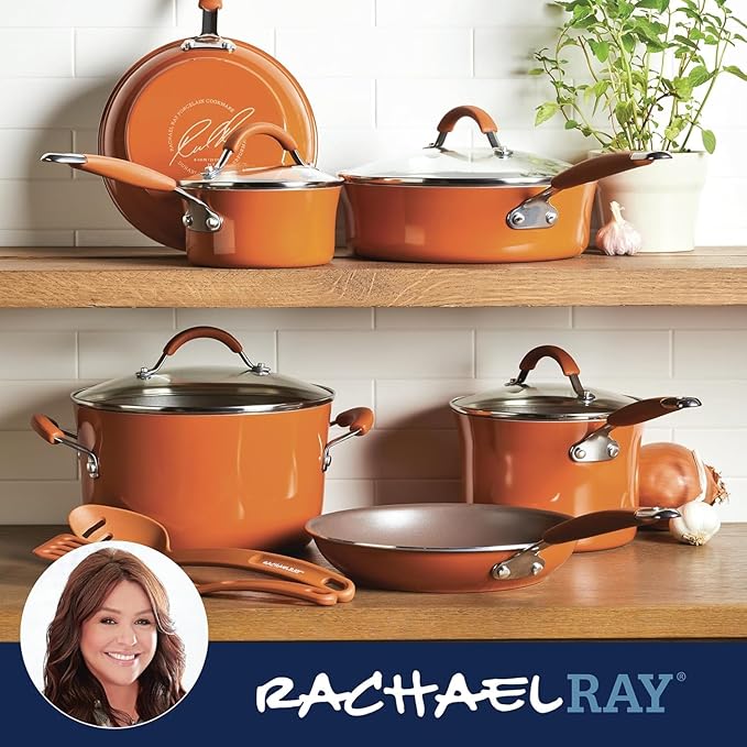 Rachael Ray Cucina Nonstick Cookware Pots and Pans Set, 12 Piece, Pumpkin Orange