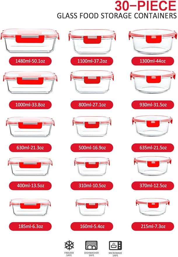 M MCIRCO 30 Pieces Glass Food Storage Containers with Upgraded Snap Locking Lids,Glass Meal Prep Containers Set - Airtight Lunch Containers, Microwave, Oven, Freezer and Dishwasher Friendly, Red