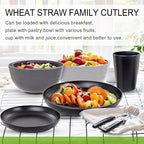 Rubtlamp 24Pcs Kitchen Plastic Wheat Straw Dinnerware Set,Dinnerware Sets for 6,Microwave Dishwasher Safe Plates, Unbreakable Reusable Plastic Wheat Straw Bowls & Plate for Camping
