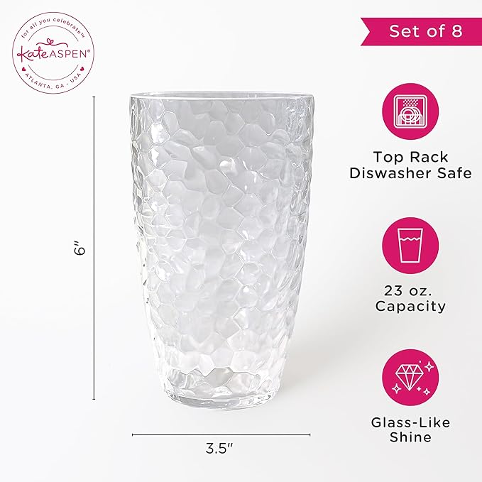 Kate Aspen Clear Hammered Acrylic Cups - Plastic Drinking Glasses Set of 8, 23 oz, Plastic Tumblers Dishwasher Safe, Shatterproof Cups Reusable for Water, Lemonade, Cocktails
