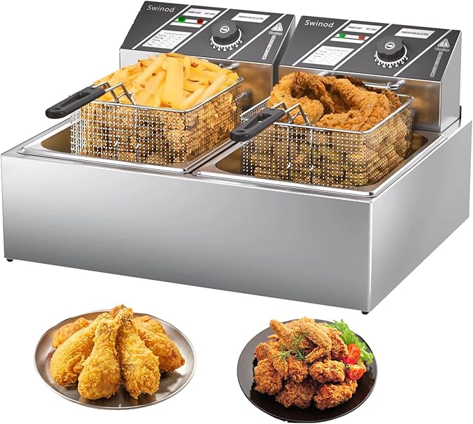 Commercial Deep Fryer with Baskets, 3400W 12.7QT/12L Thickened Stainless Steel Countertop Electric Oil Fryer, Large Capacity with Temperature Control, silver