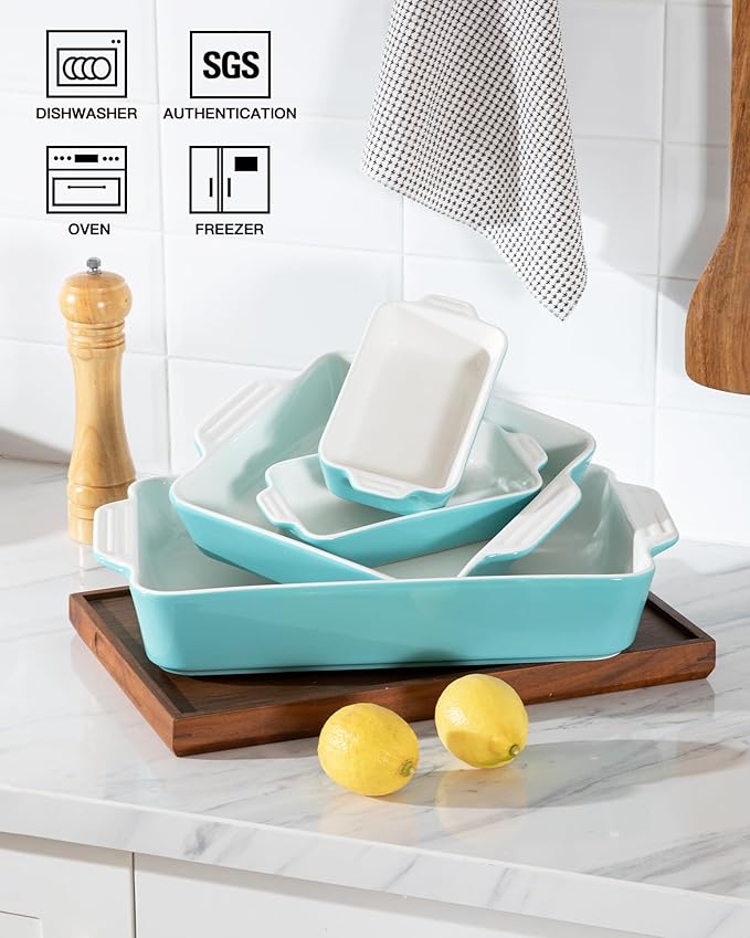 Sweejar Ceramic Bakeware Set of 4, Casserole Dishes for Oven, Rectangular Baking Dish with Handles, Lasagna Pans Deep for Cooking, Gratin, Roasting, Banquet and Daily Use (Turquoise)