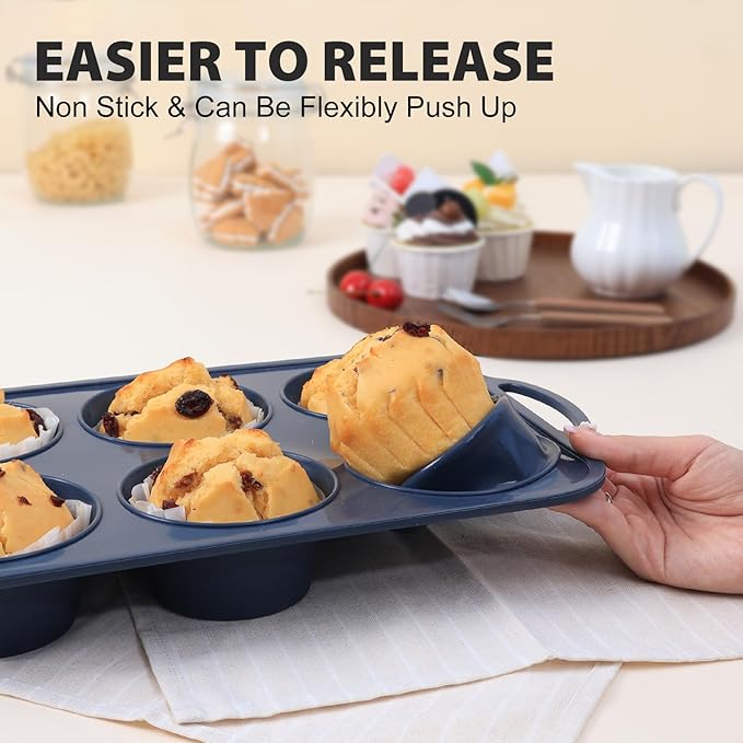 Jumbo Silicone Muffin Pan with Metal Frame, Non Stick Silicone Cupcake Pan with Handles 6 Cup, BPA Free Silicon Muffin Tin Tray Extra Large for baking, egg bites, Cupcake Mold Grey