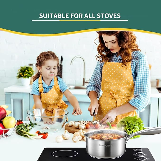 DELARLO Full Clad Tri-Ply Stainless Steel Saucepan 2.5QT, All Stove Safe 600℉(Lids 300℉), Medium Sauce Pan with Lid, Non Stick Sauce Pan, Fast & Even Heat, Steel Pot with Lid, Energy Saving,2-1/2 QT