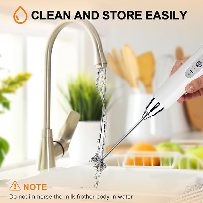 YUSWKO White Handheld Milk Frother Wand with Stand for Coffee, Rechargeable Electric Whisk with 3 Heads 3 Speeds Drink Mixer Coffee Frother For Latte, Cappuccino, Hot Chocolate, Egg