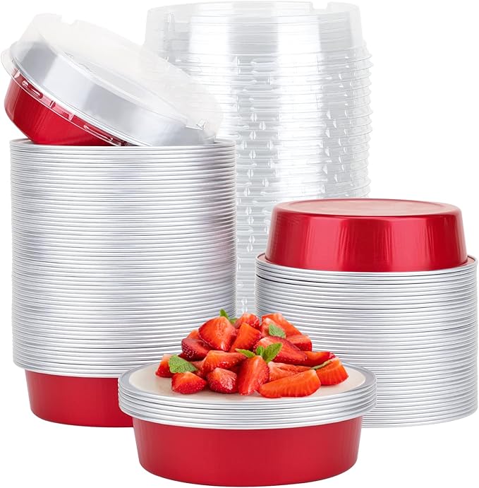Beasea Disposable Mini Pie Tins with Lids, 100 Pack 4” 8oz Bright Red Aluminum Baking Foil Tins Small Round Tart Container for Individual Dessert Cupcake Muffin Cheesecake Ramekin Quiche Oven Dishes