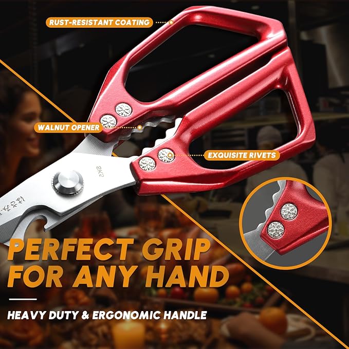 Huusk Kitchen Scissors Set Red - Japanese Kitchen Shears, Heavy Duty Poultry Shears, Sharp Meat Scissors for Food, Chicken Bones, and Turkey, Christmas Gifts for Women Men