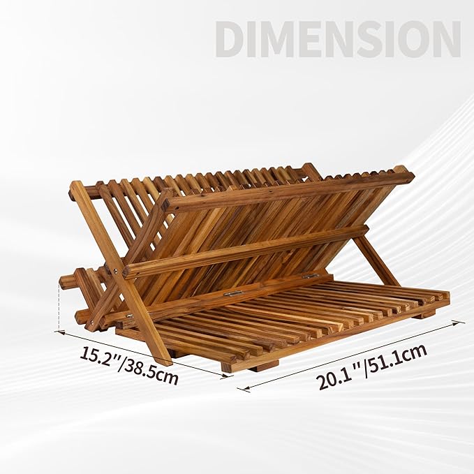 Utoplike Large Teak Dish Drying Rack, Wooden 3 Tier Collapsible Dish Draine for Countertop, Kitchen Organizer for Pasta Plates, Cups
