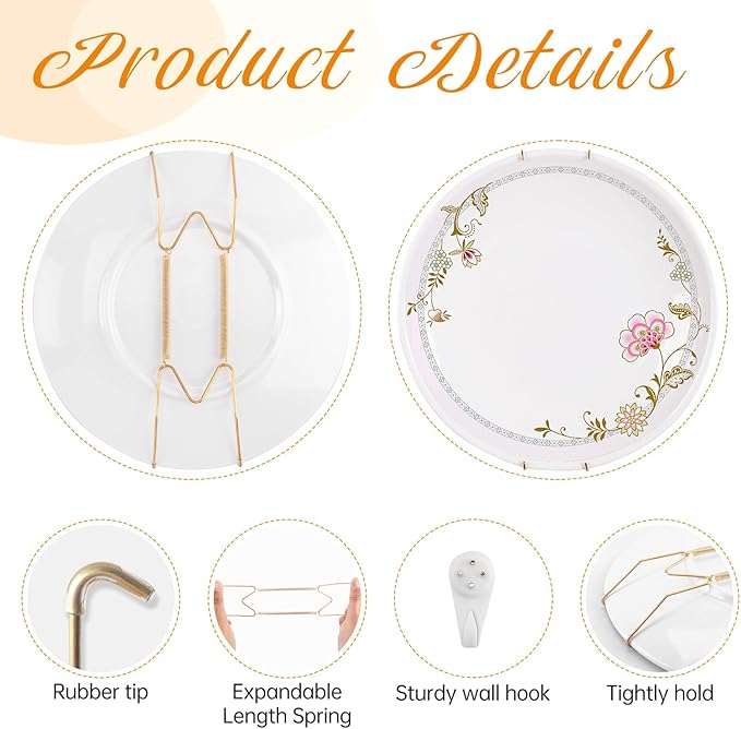 Plate Hangers for The Wall, Suitable for 8-10 inch Decorative Plate, Stainless Steel Wire Plate Holder with Wall Hooks and Rubber tip Protectors, Plate Hangers for Displaying Plates, Platter, Gold