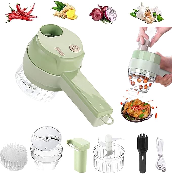 4 in 1 Handheld Electric Vegetable Cutter Set, Multifunctional Mini Electric Grinder Garlic Mud Masher Chopper, Portable Food Processor with Brush, for Garlic Chili Onion Ginger Celery Meat