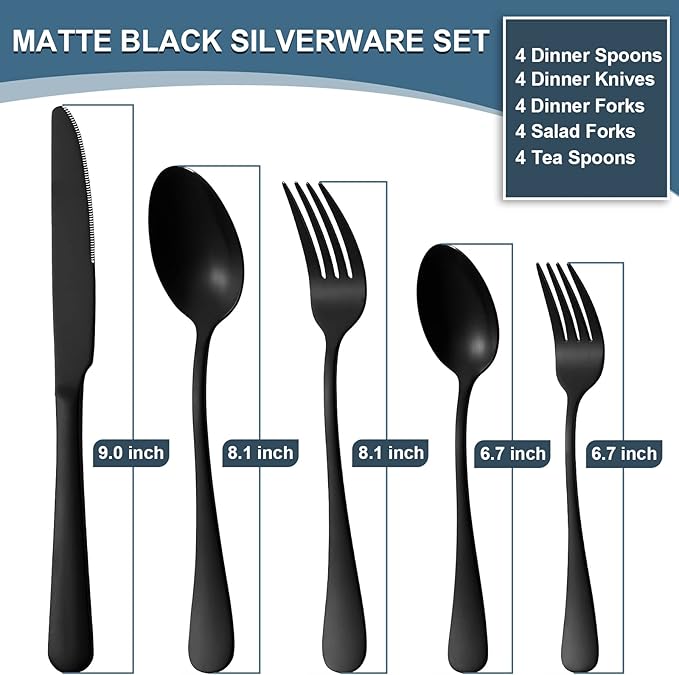 Briout Matte Black Silverware Set, Stainless Steel Cutlery Set Service for 4, Black Flatware Utensil Set Include Fork Knife Spoon for Kitchen Home Restaurant, Premium Tableware