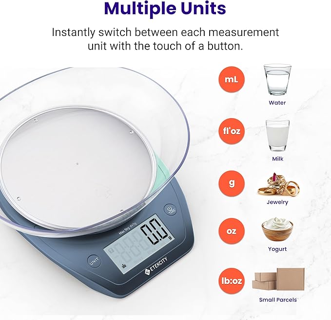 Etekcity 0.1g Food Scale, Bowl, Digital Grams and Ounces for Weight Loss, Dieting, Baking, Cooking, and Meal Prep, 11lb/5kg, Stainless Steel Prussian Blue